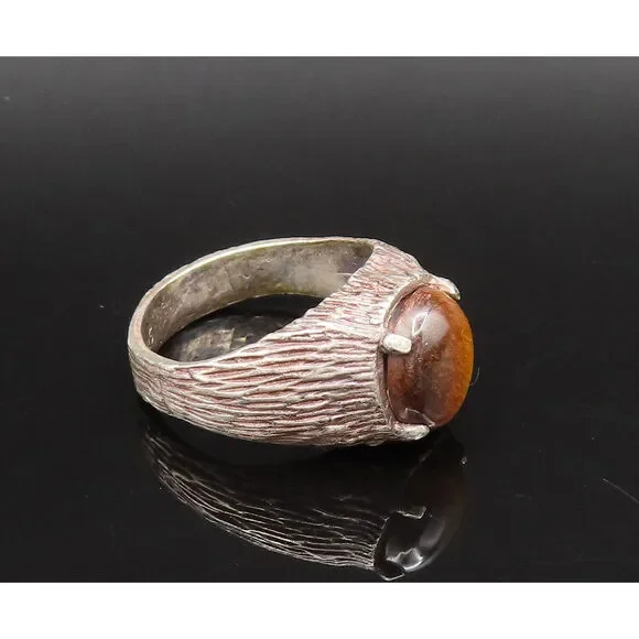 925 Silver Vintage Cabochon Tiger's Eye Branch Textured Ring Sz 10 RG25957
